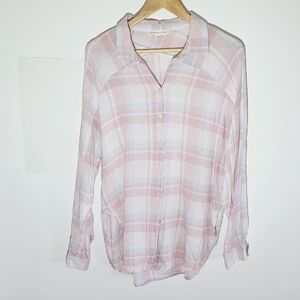 Lovestitch Linen Blend Coastal Cowgirl Button Down Plaid Women's Shirt Size M